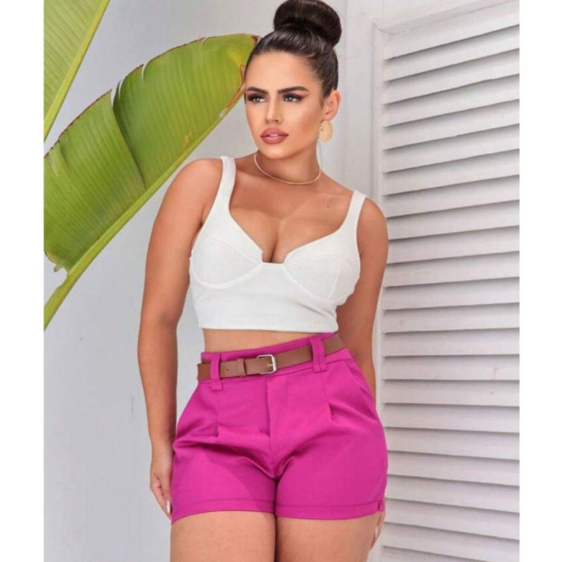 Short Alfaiataria Feminino Social com Cinto Cintura Alta